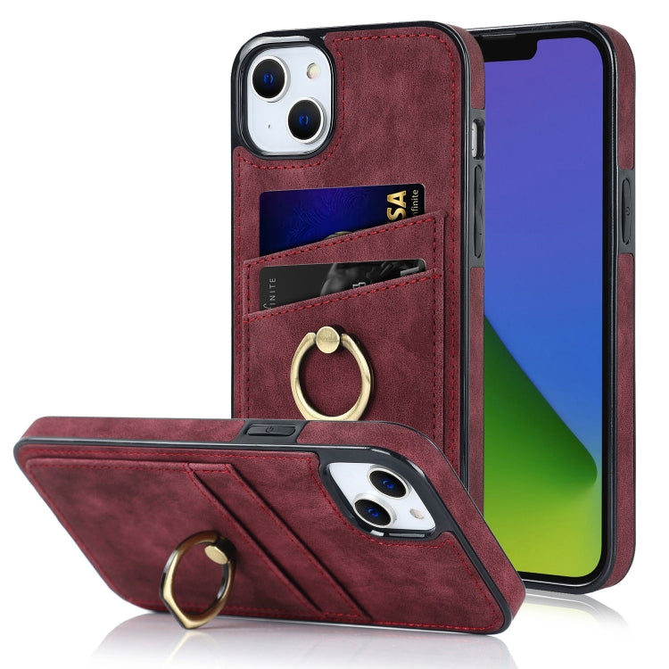 For iPhone 14 Vintage Patch Leather Phone Case with Ring Holder