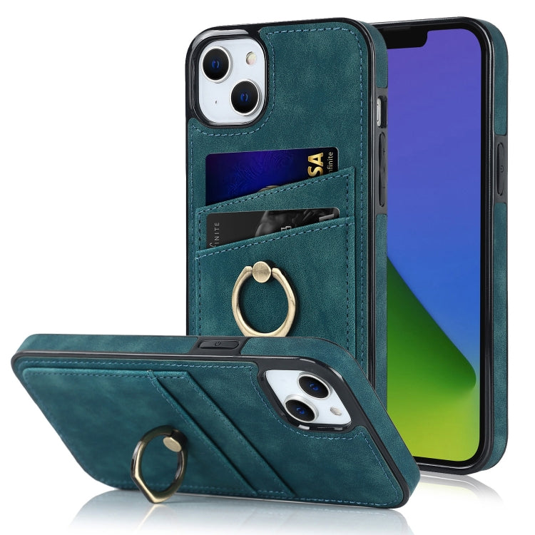 For iPhone 14 Vintage Patch Leather Phone Case with Ring Holder