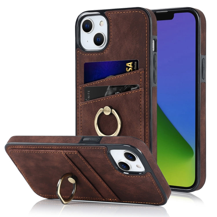For iPhone 14 Vintage Patch Leather Phone Case with Ring Holder