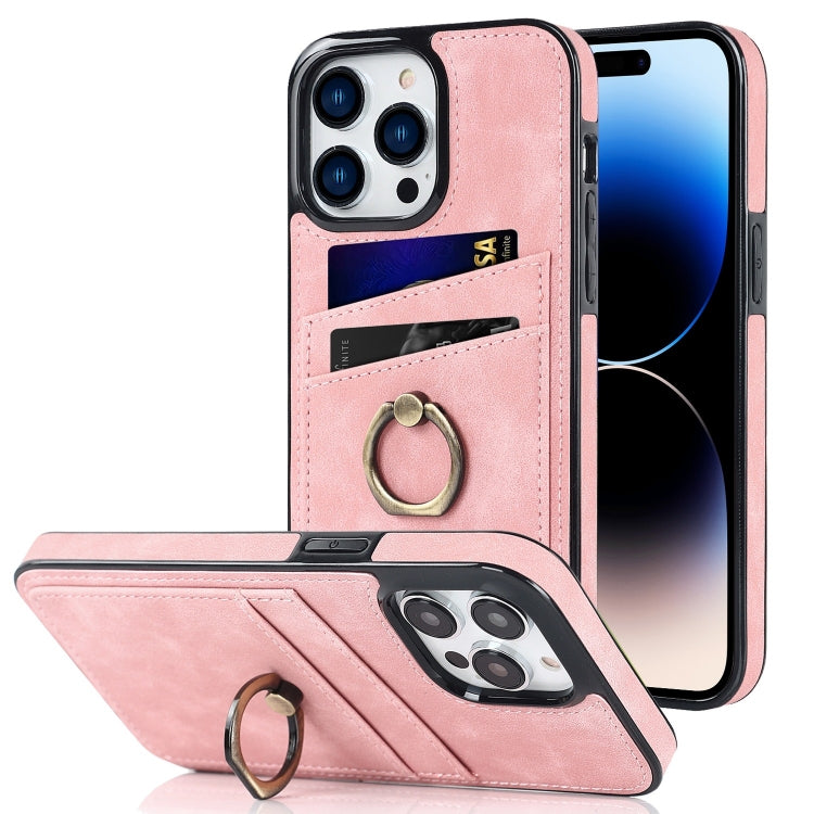 For iPhone 14 Pro Vintage Patch Leather Phone Case with Ring Holder