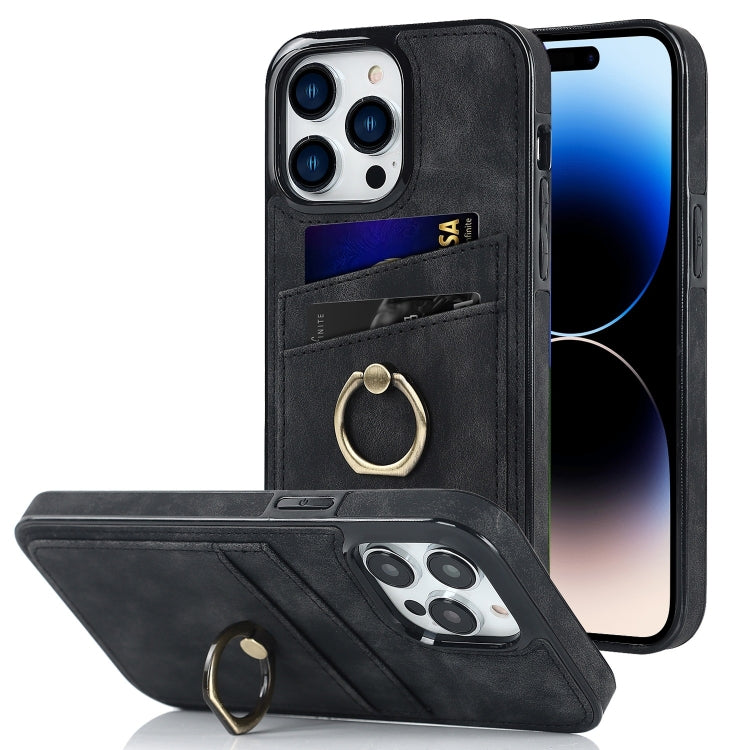 For iPhone 14 Pro Vintage Patch Leather Phone Case with Ring Holder