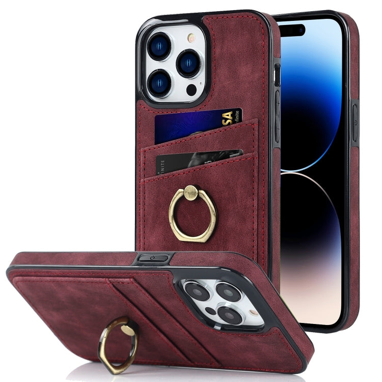 For iPhone 14 Pro Vintage Patch Leather Phone Case with Ring Holder
