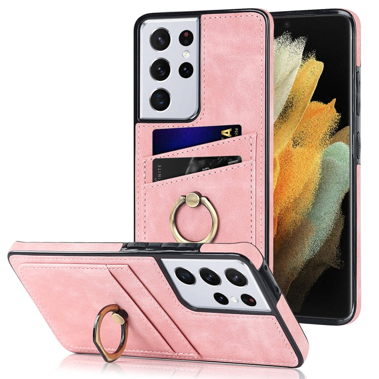 For Samsung Galaxy S21 Ultra 5G Vintage Patch Leather Phone Case with Ring Holder
