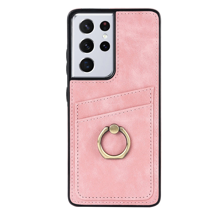 For Samsung Galaxy S21 Ultra 5G Vintage Patch Leather Phone Case with Ring Holder