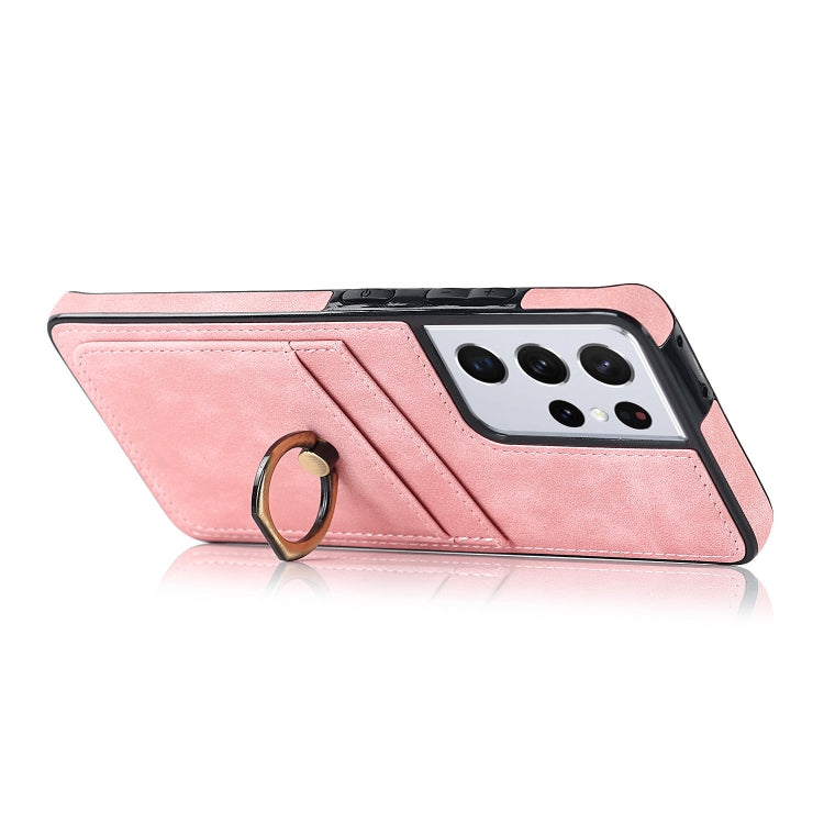 For Samsung Galaxy S21 Ultra 5G Vintage Patch Leather Phone Case with Ring Holder