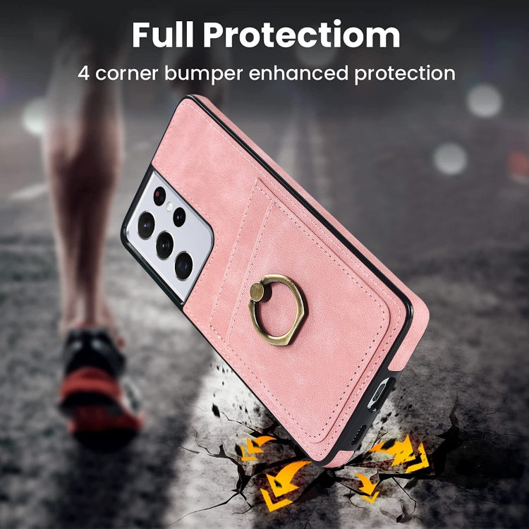 For Samsung Galaxy S21 Ultra 5G Vintage Patch Leather Phone Case with Ring Holder