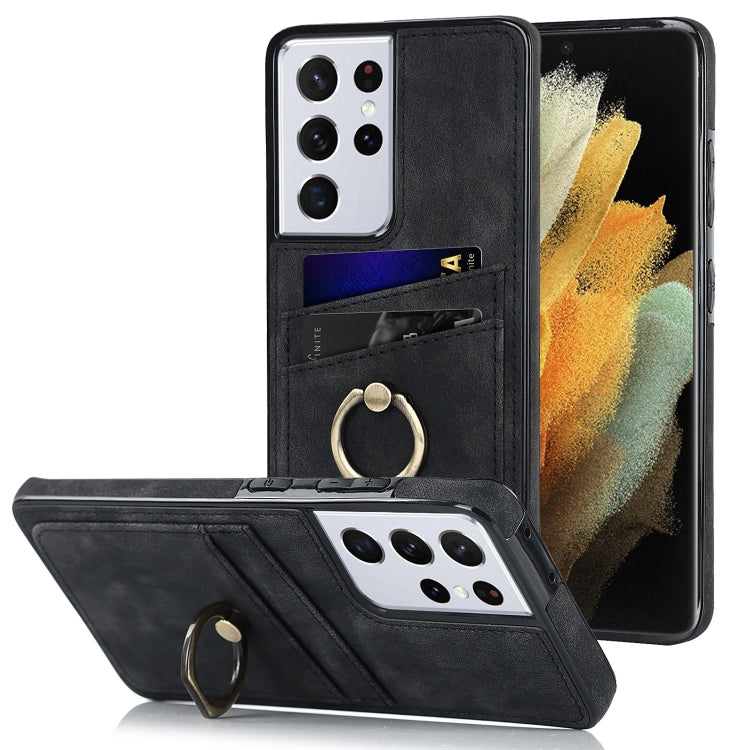 For Samsung Galaxy S21 Ultra 5G Vintage Patch Leather Phone Case with Ring Holder