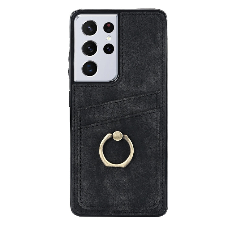 For Samsung Galaxy S21 Ultra 5G Vintage Patch Leather Phone Case with Ring Holder