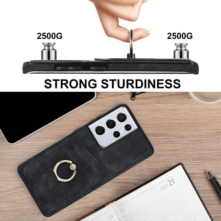 For Samsung Galaxy S21 Ultra 5G Vintage Patch Leather Phone Case with Ring Holder