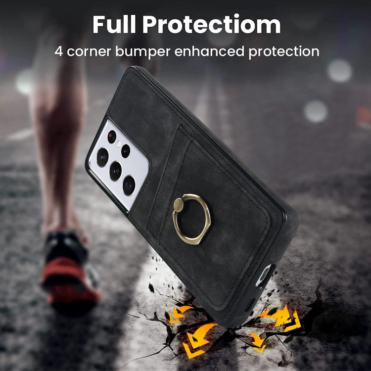 For Samsung Galaxy S21 Ultra 5G Vintage Patch Leather Phone Case with Ring Holder