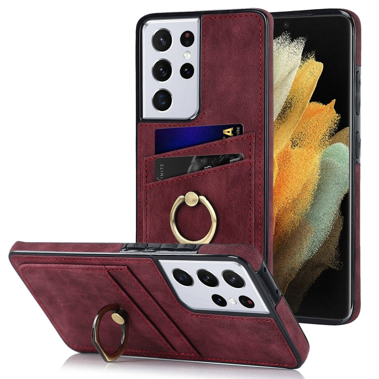For Samsung Galaxy S21 Ultra 5G Vintage Patch Leather Phone Case with Ring Holder