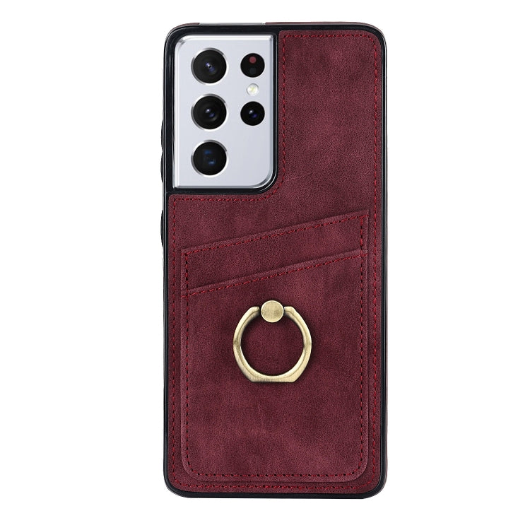 For Samsung Galaxy S21 Ultra 5G Vintage Patch Leather Phone Case with Ring Holder