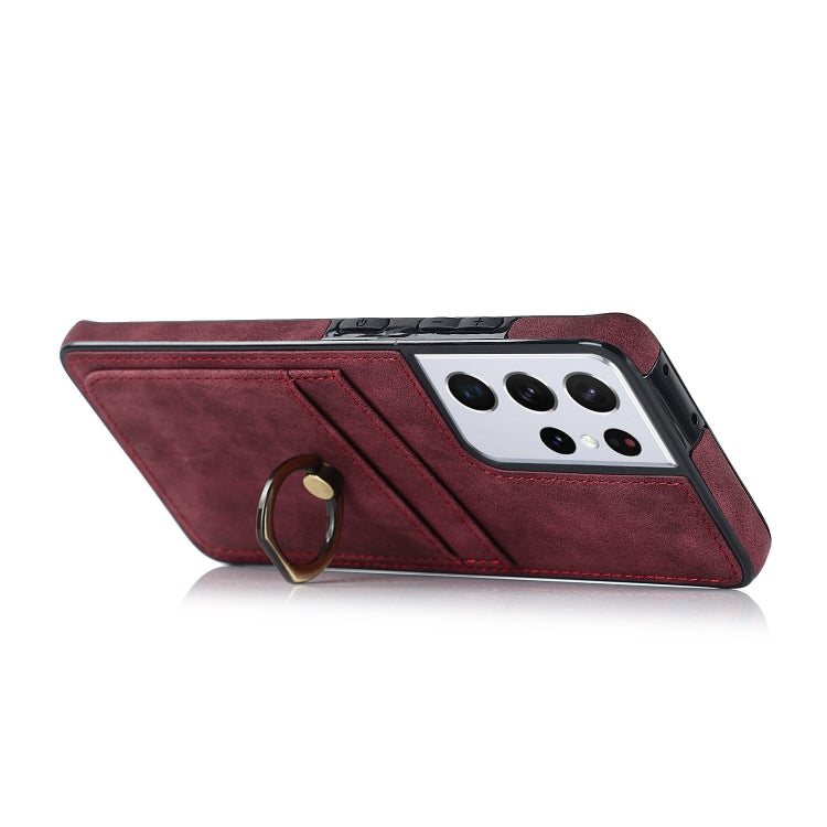 For Samsung Galaxy S21 Ultra 5G Vintage Patch Leather Phone Case with Ring Holder