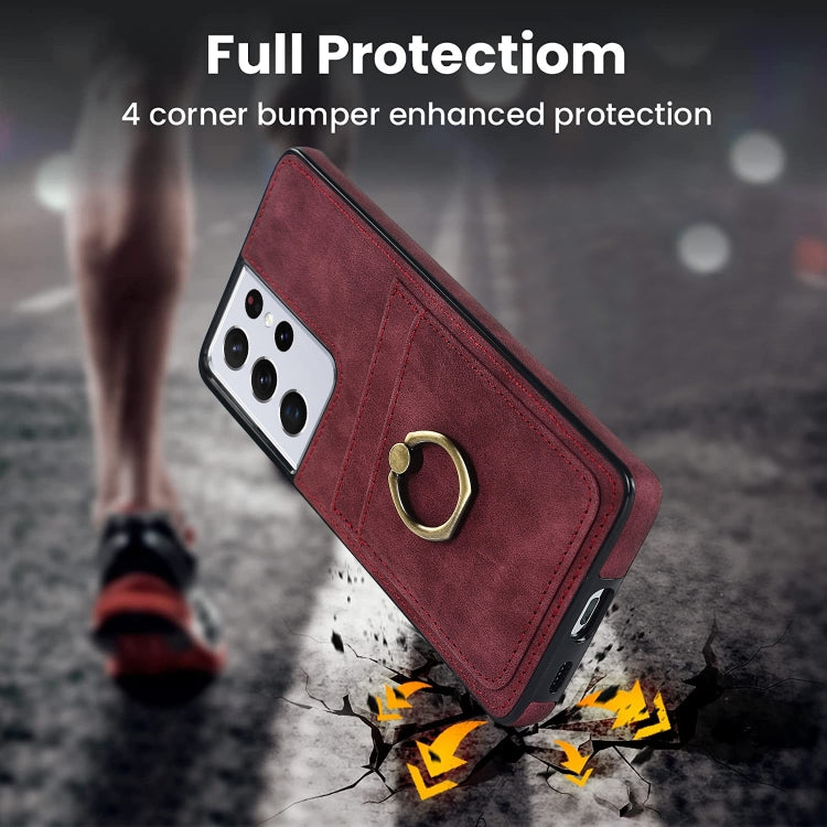For Samsung Galaxy S21 Ultra 5G Vintage Patch Leather Phone Case with Ring Holder