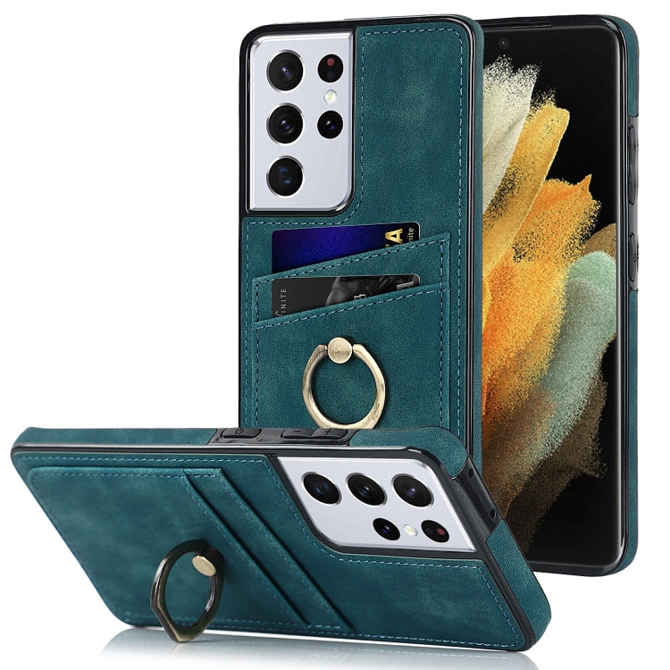 For Samsung Galaxy S21 Ultra 5G Vintage Patch Leather Phone Case with Ring Holder