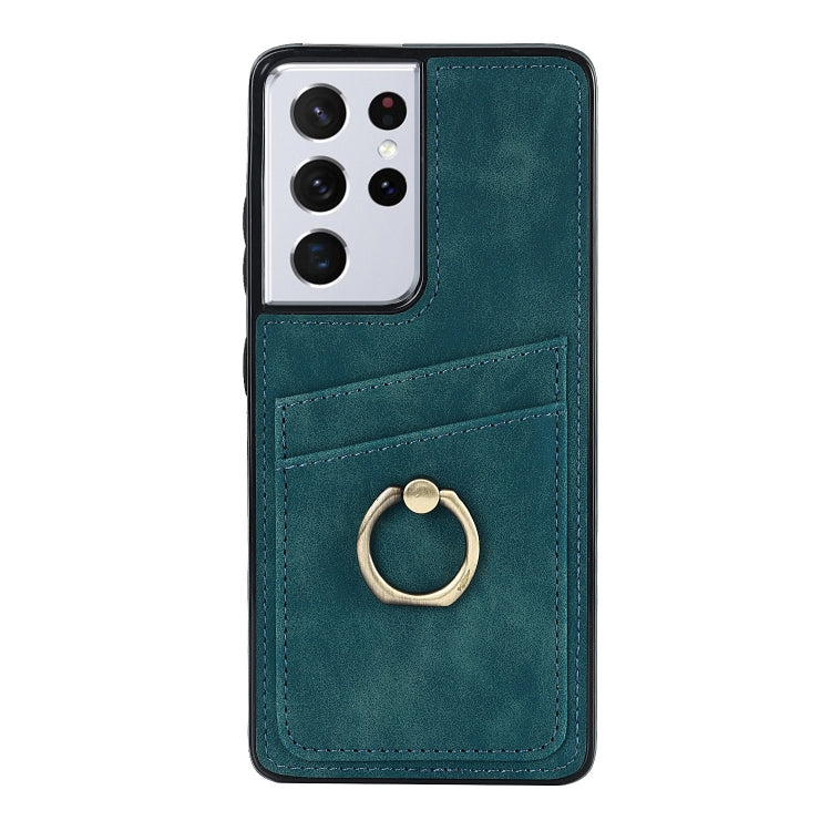 For Samsung Galaxy S21 Ultra 5G Vintage Patch Leather Phone Case with Ring Holder