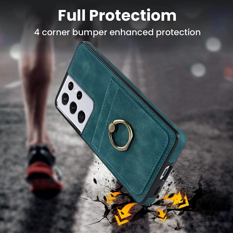 For Samsung Galaxy S21 Ultra 5G Vintage Patch Leather Phone Case with Ring Holder