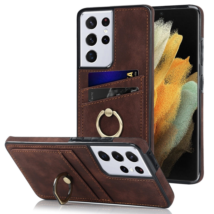 For Samsung Galaxy S21 Ultra 5G Vintage Patch Leather Phone Case with Ring Holder