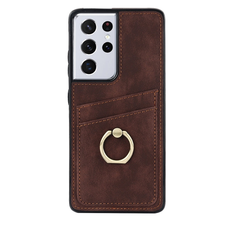 For Samsung Galaxy S21 Ultra 5G Vintage Patch Leather Phone Case with Ring Holder