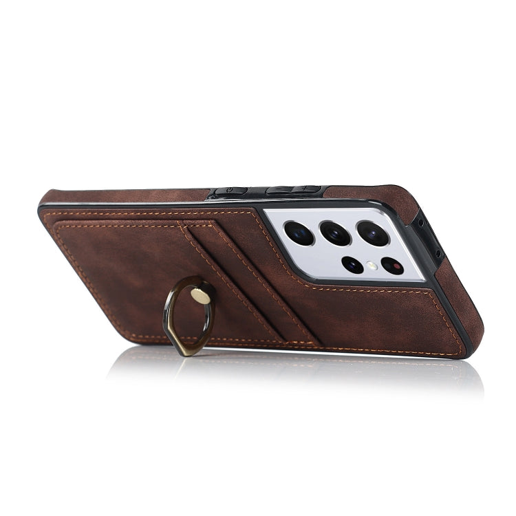 For Samsung Galaxy S21 Ultra 5G Vintage Patch Leather Phone Case with Ring Holder