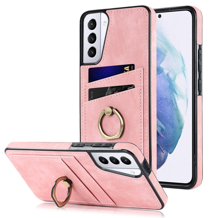 For Samsung Galaxy S21 5G Vintage Patch Leather Phone Case with Ring Holder