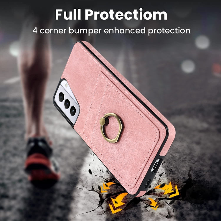 For Samsung Galaxy S21 5G Vintage Patch Leather Phone Case with Ring Holder