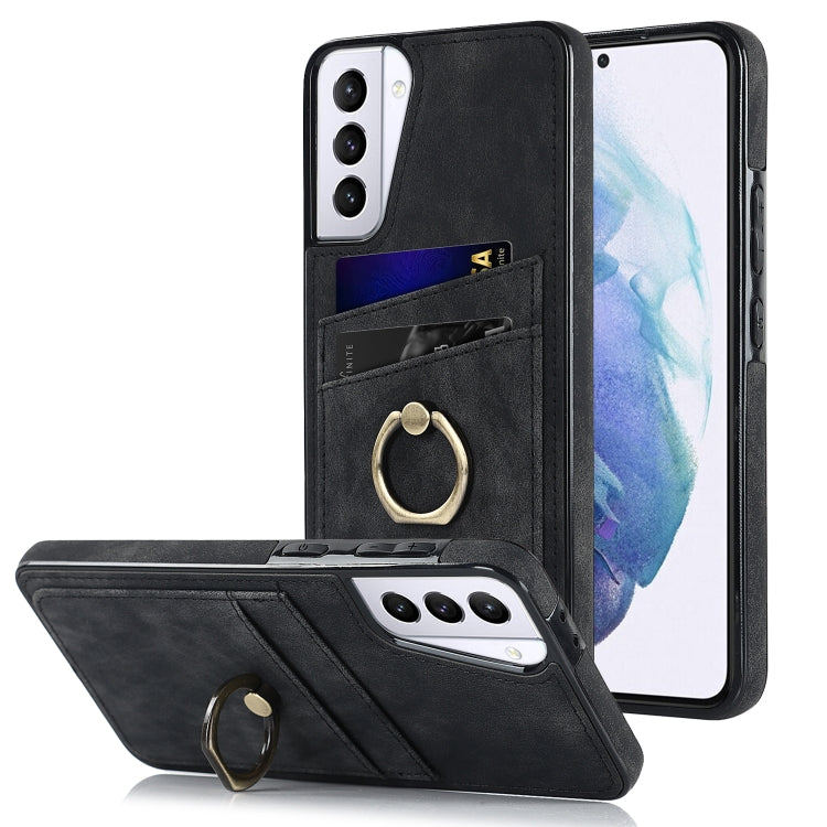 For Samsung Galaxy S21 5G Vintage Patch Leather Phone Case with Ring Holder