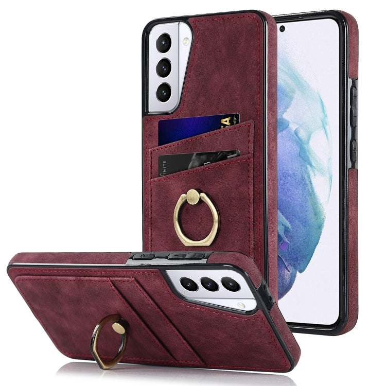 For Samsung Galaxy S21 5G Vintage Patch Leather Phone Case with Ring Holder