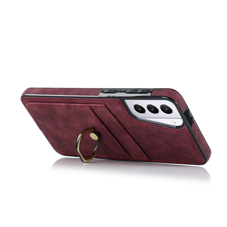 For Samsung Galaxy S21 5G Vintage Patch Leather Phone Case with Ring Holder