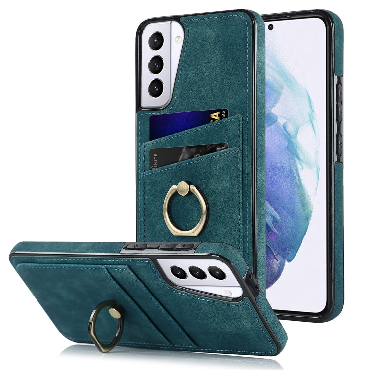 For Samsung Galaxy S21 5G Vintage Patch Leather Phone Case with Ring Holder
