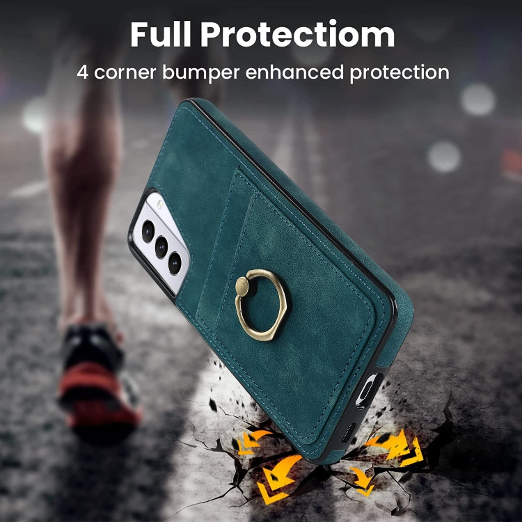 For Samsung Galaxy S21 5G Vintage Patch Leather Phone Case with Ring Holder
