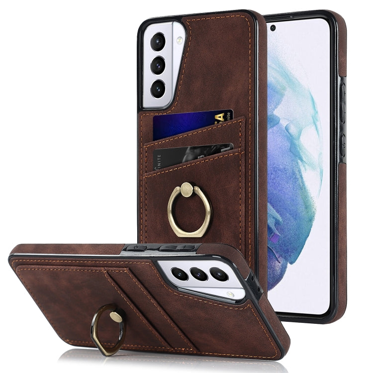 For Samsung Galaxy S21 5G Vintage Patch Leather Phone Case with Ring Holder