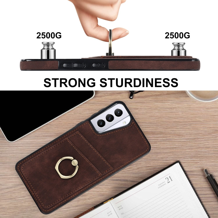 For Samsung Galaxy S21 5G Vintage Patch Leather Phone Case with Ring Holder