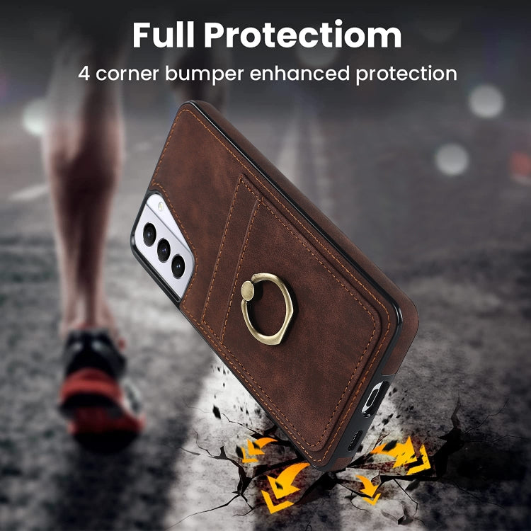 For Samsung Galaxy S21 5G Vintage Patch Leather Phone Case with Ring Holder