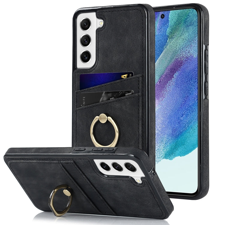 For Samsung Galaxy S21 FE 5G Vintage Patch Leather Phone Case with Ring Holder