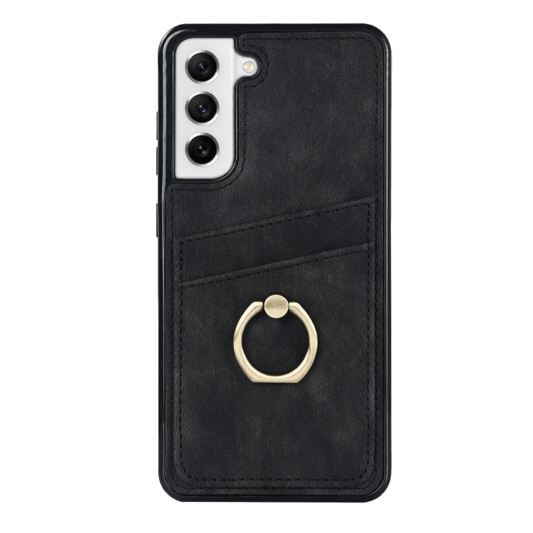 For Samsung Galaxy S21 FE 5G Vintage Patch Leather Phone Case with Ring Holder