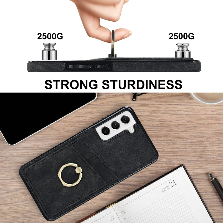 For Samsung Galaxy S21 FE 5G Vintage Patch Leather Phone Case with Ring Holder
