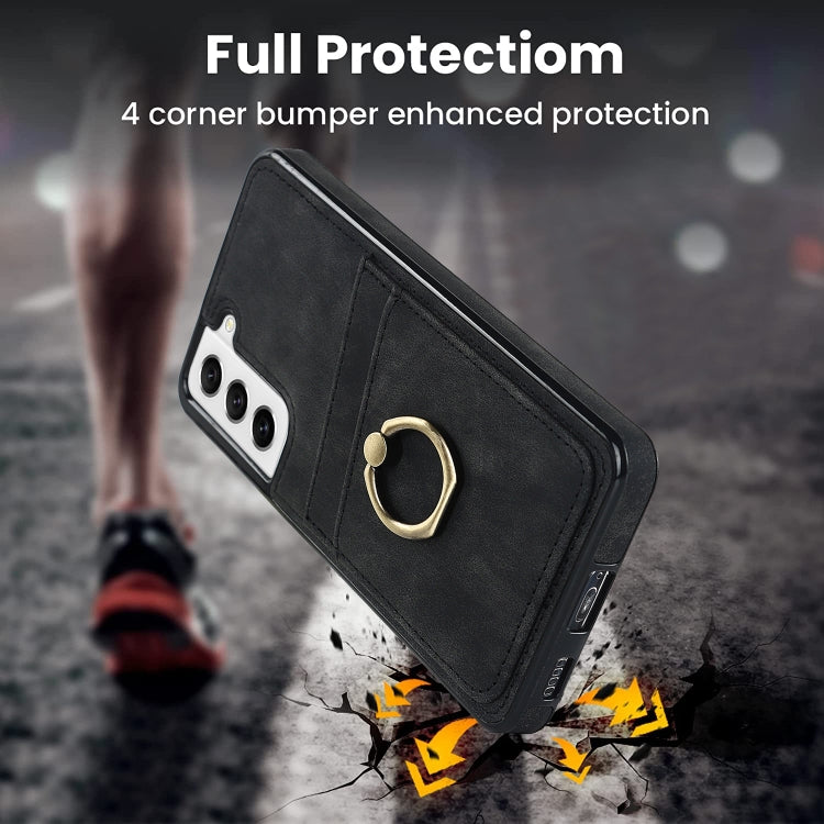 For Samsung Galaxy S21 FE 5G Vintage Patch Leather Phone Case with Ring Holder