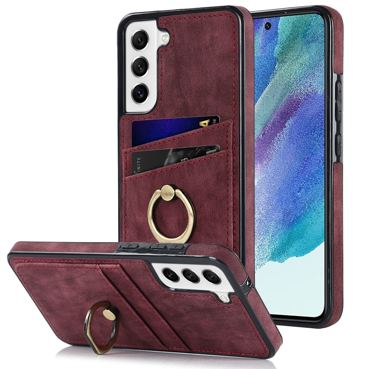 For Samsung Galaxy S21 FE 5G Vintage Patch Leather Phone Case with Ring Holder