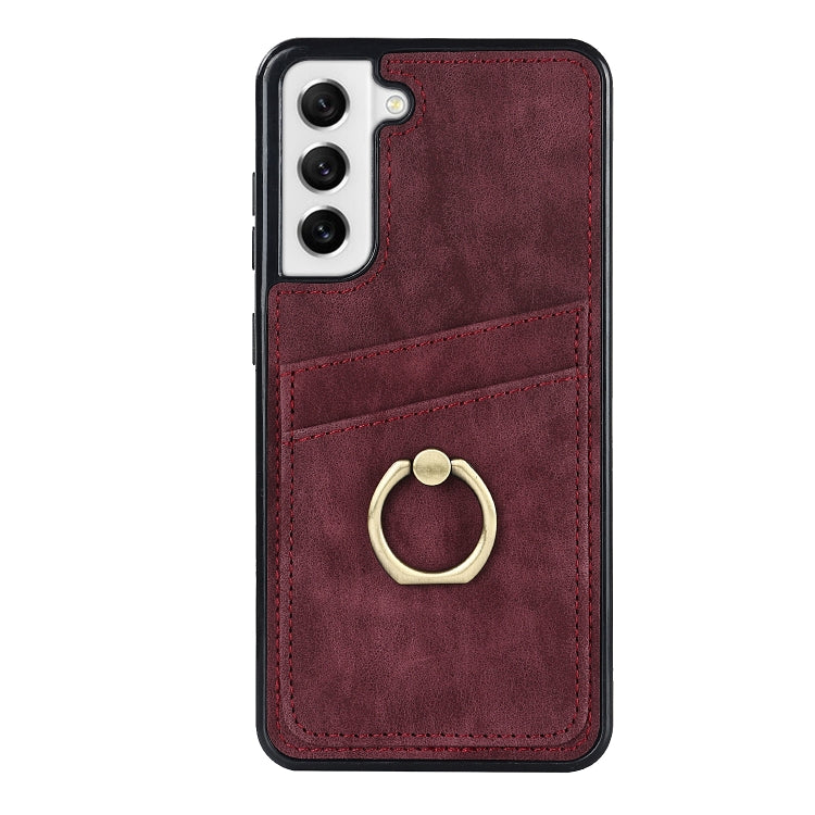 For Samsung Galaxy S21 FE 5G Vintage Patch Leather Phone Case with Ring Holder