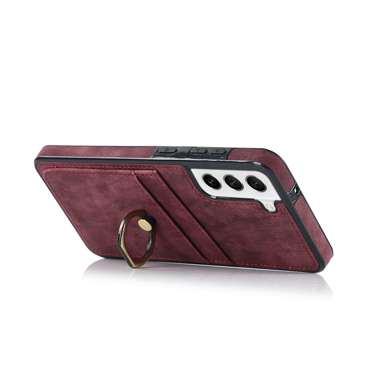 For Samsung Galaxy S21 FE 5G Vintage Patch Leather Phone Case with Ring Holder