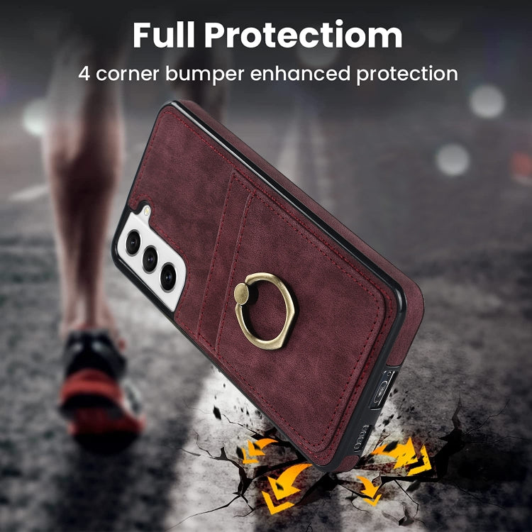 For Samsung Galaxy S21 FE 5G Vintage Patch Leather Phone Case with Ring Holder