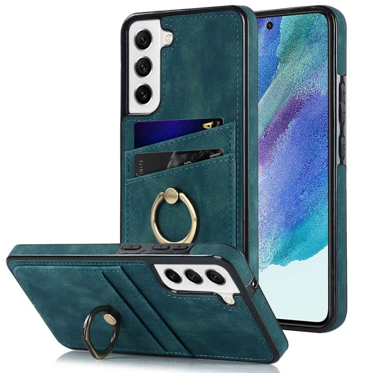 For Samsung Galaxy S21 FE 5G Vintage Patch Leather Phone Case with Ring Holder