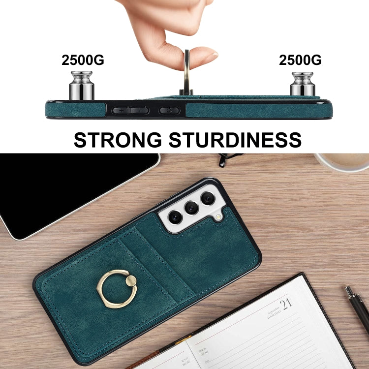 For Samsung Galaxy S21 FE 5G Vintage Patch Leather Phone Case with Ring Holder