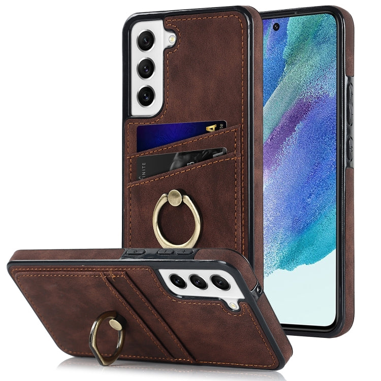 For Samsung Galaxy S21 FE 5G Vintage Patch Leather Phone Case with Ring Holder