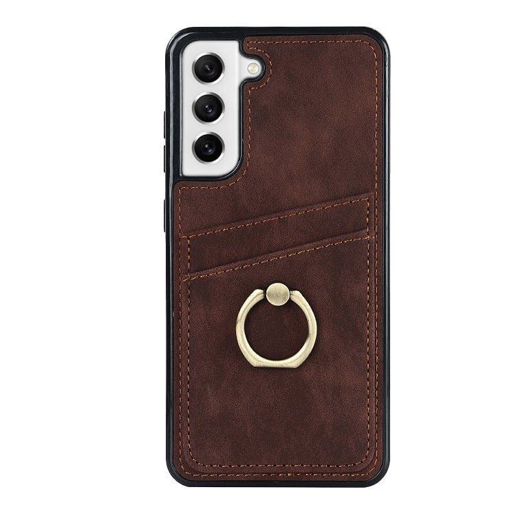 For Samsung Galaxy S21 FE 5G Vintage Patch Leather Phone Case with Ring Holder