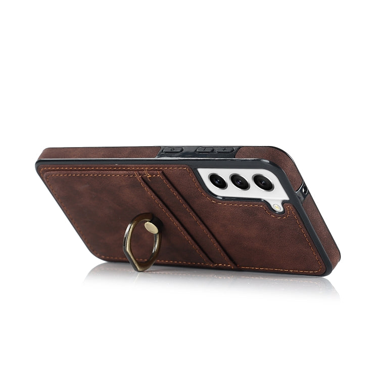 For Samsung Galaxy S21 FE 5G Vintage Patch Leather Phone Case with Ring Holder