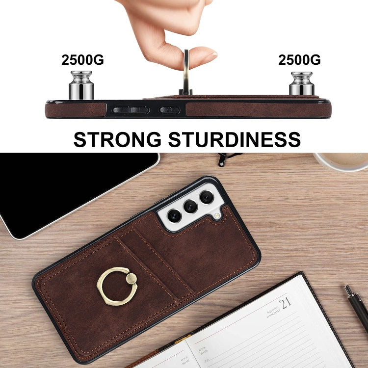 For Samsung Galaxy S21 FE 5G Vintage Patch Leather Phone Case with Ring Holder