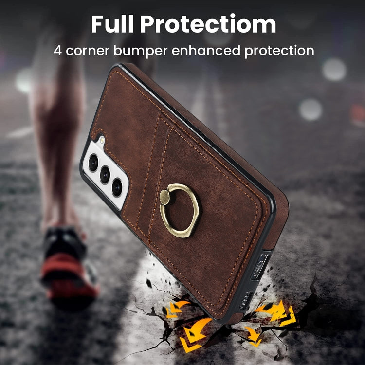 For Samsung Galaxy S21 FE 5G Vintage Patch Leather Phone Case with Ring Holder