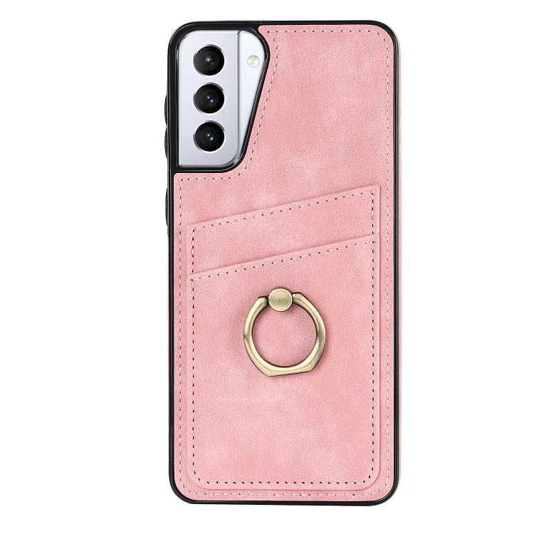 For Samsung Galaxy S21+ 5G Vintage Patch Leather Phone Case with Ring Holder